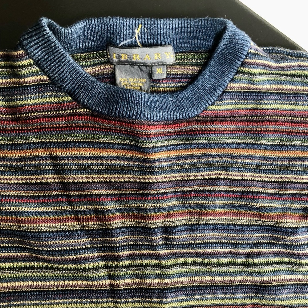 Vintage 80s Grandpacore Crewneck Sweater Library Striped Silk Cashmere Blend XL - Picture 2 of 10